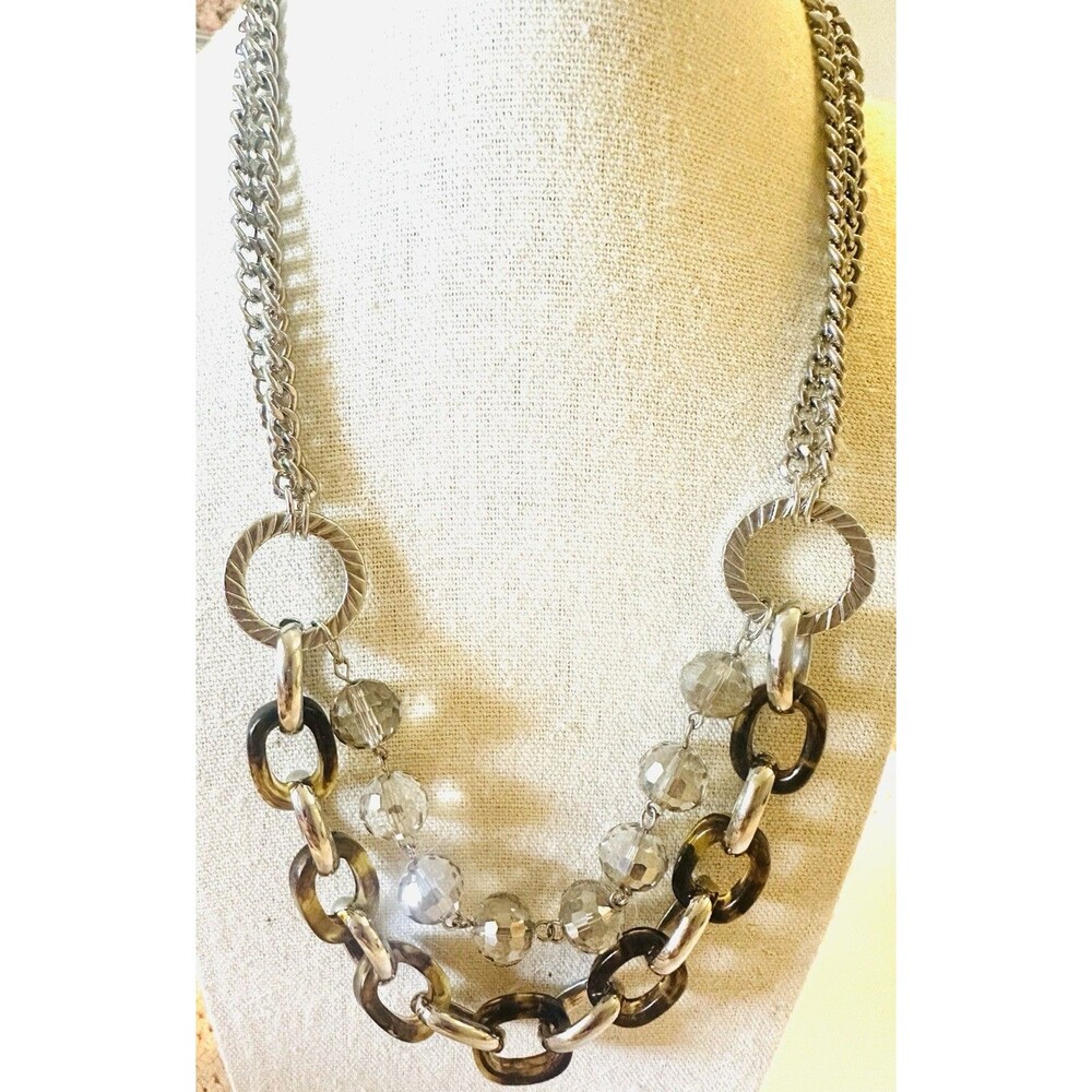 LOFT Statement Necklace Tortoise Shell Look Silver Tone Faceted Beads 18”